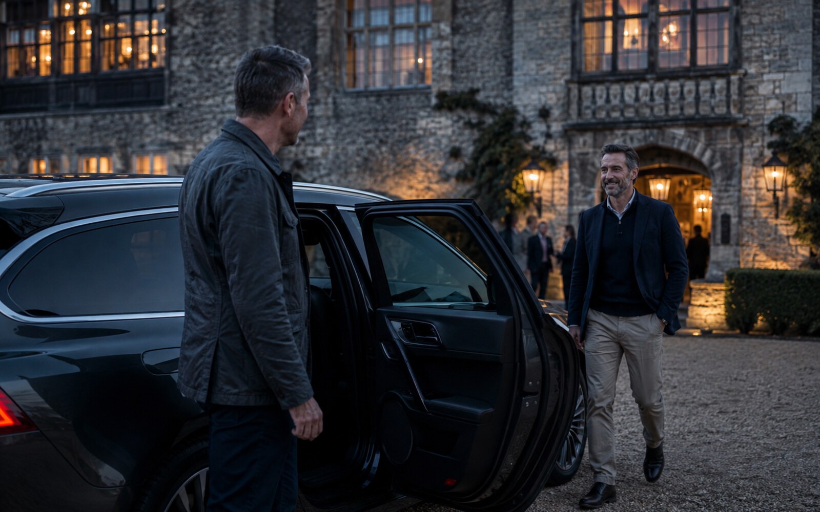 Smart-casual private driver meeting a client beside their own car after an evening event