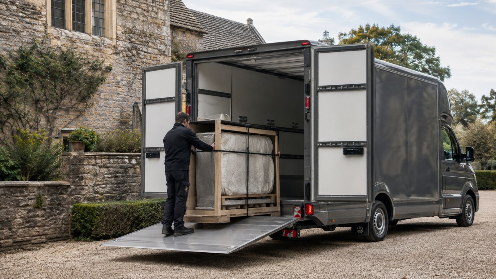 Careful rear loading of a wrapped antique into a dark Luton van