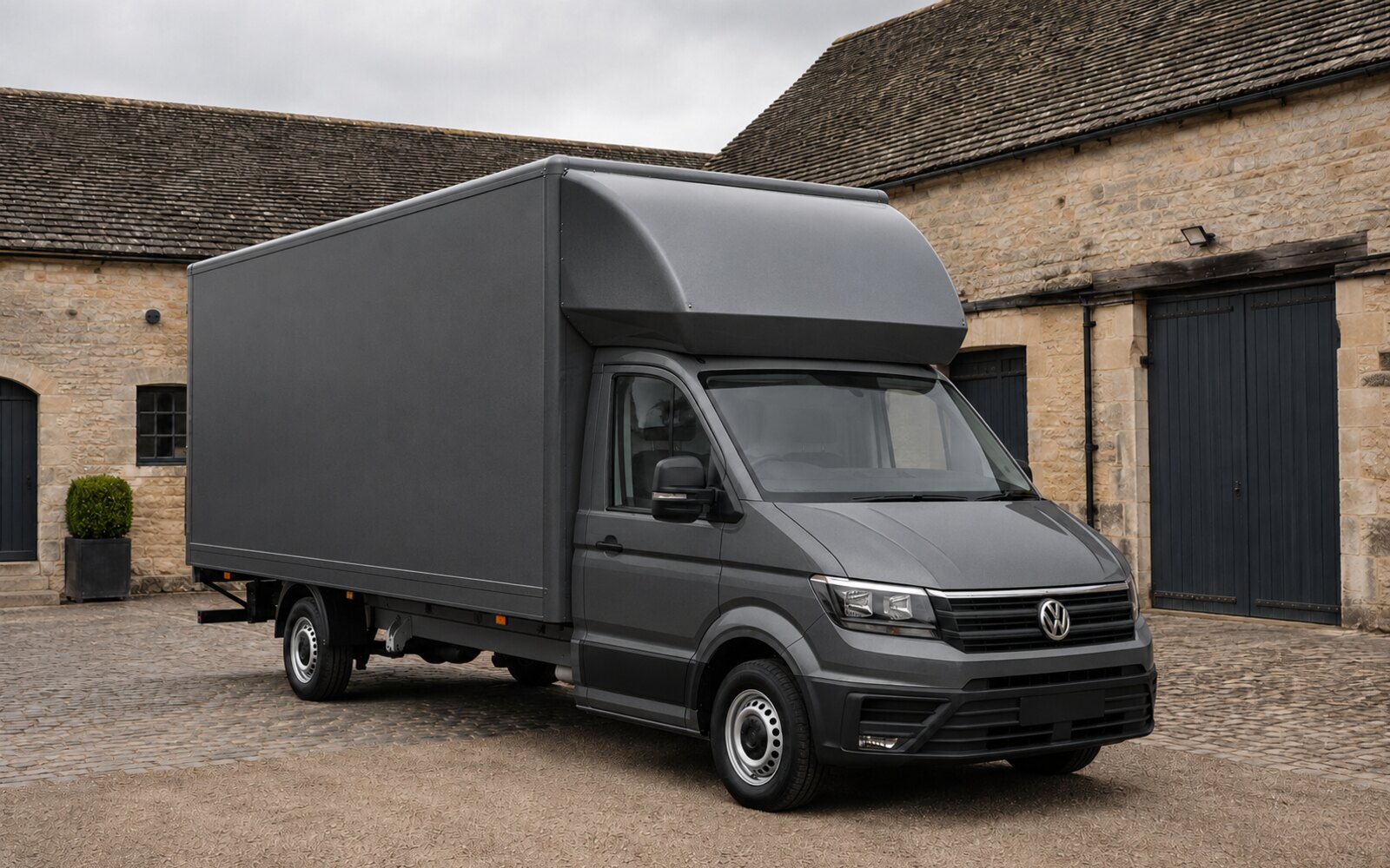 Dark metallic grey Volkswagen Crafter LWB Luton specialist logistics vehicle